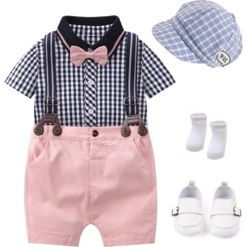 Baby Summer Clothes Newborn Boys Cap Suit Plaid Hat + Romper + Shorts + Shoes + Socks 7 Piece/Set Cotton Child Birthday Clothing