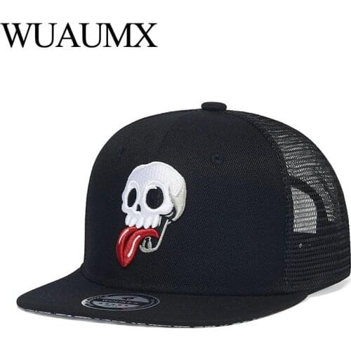 Unisex Summer Mesh Trucker Hats For Men Skull Embroidery Flat-brimmed Hip Hop Baseball Cap Women Breathable Sunscreen Hats