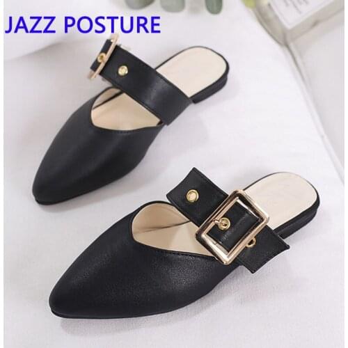 Summer classic mule PU leather shoes slippers outdoor slippers flat flat with the shoe buckle lady pointed shoes sandals 40 y949