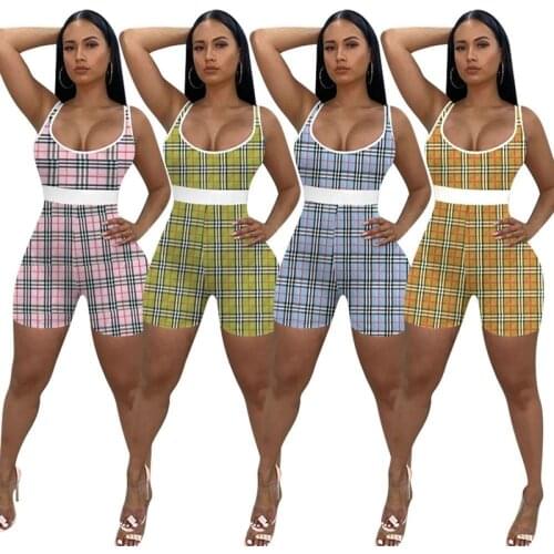 Summer Clothes Vest Style Bodysuit Plaid Print Rompers Womens Jumpsuit Shorts Yoga-sports Pants One Piece Club Outfit Streetwear