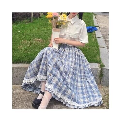 Japanese Lolita Style Summer Women Skirt High Waist Vintage Plaid Buttons Skirt Elegant Ruffles Cute Kawaii Midi Preppy Skirts