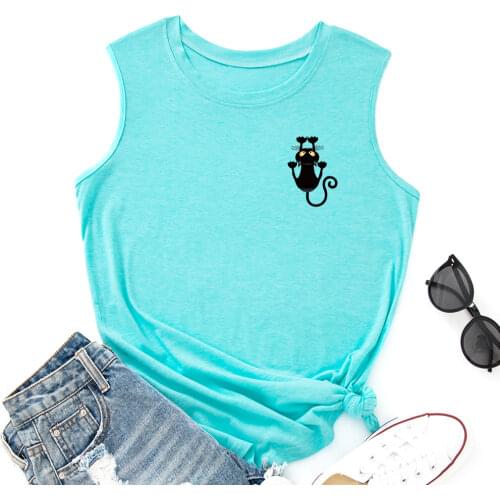 Cats Shirt Pocket Black Cat Tank Tops Women Vest Tanks Summer Shirt Sleeveless T-Shirts Casual Muscle Fitness Tee Shirts Clothes