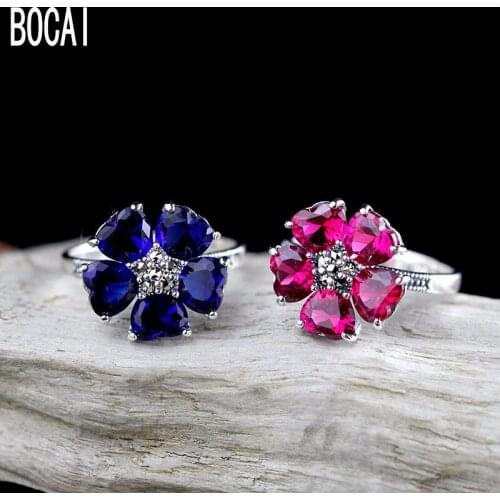 2019 new 100% S925 sterling silver jewelry Thai silver cut red zircon flower ring female delicate womans silver ring