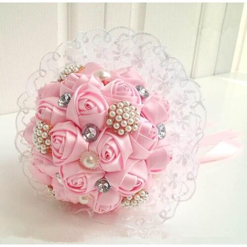 Newest pink wedding bouquets pearl wedding slik flower bouquets for wedding decoration