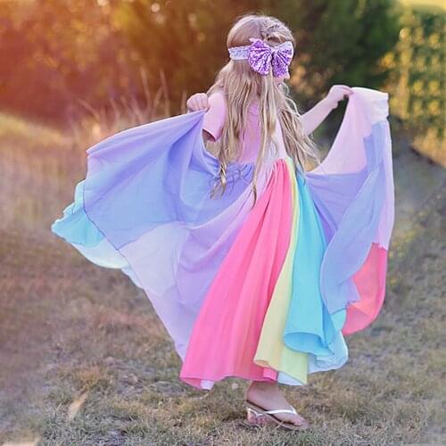 Girls Dress Rainbow Color Patchwork Girls Ceremony Dress Prom Frocks Short Sleeve Clothes Princess Dress Children Party Clothing
