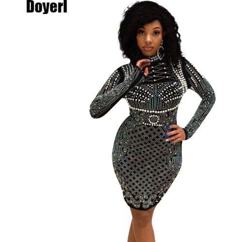 Rhinestone Sparkly Party Dress Women Elegant Beaded Long Sleeve Tight Club Bodycon Dress 2021 Mini Sexy Birthday Dress for Women