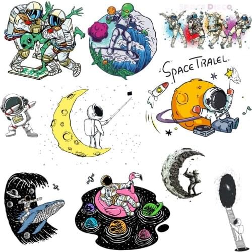 Space Travelling Heat Transfer For Clothing Iron On Transfers For Clothes Appliques For Diy T-shirt Astronaut Whale Transfer