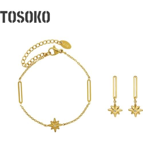TOSOKO Stainless Steel Jewelry Eight Star Zircon Earrings For Women Elegant Fashion Pendant Bracelet Set BSE26-BSF488
