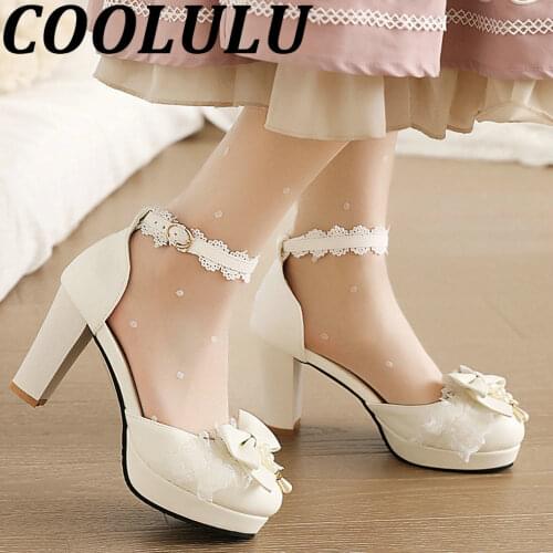COOLULU 2021 Lolita Pumps Women Block Heel Lace Dorsay Pumps Platform Cute Kawaii Ladies Pumps Shoes with Bow Tie Ankle Strap