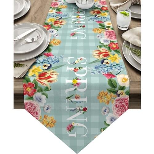 Spring Flower Plaid Background Modern Table Runner Wedding For Party Event Home Decoration Table Cover Mat Decor Accessories