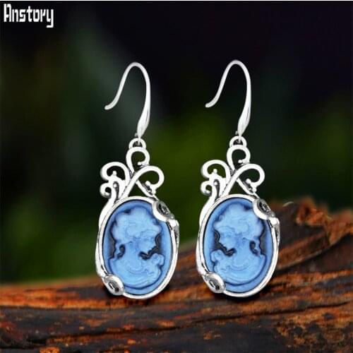 Vintage Oval Lady Queen Cameo Dangle Earrings For Women Antqiue Silver Plated Pink Gray Blue Cameo Fashion Womens Earring