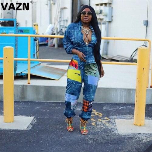 VAZN 2020 Top Quality High Street Patchwork Plus Size Daily Regular Free Full Sleeve High Waist Braid Women Long Pencil Rompers