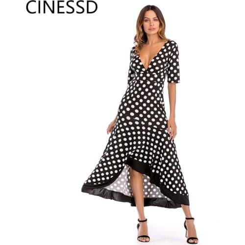 CINESSD Polka Dot Dress Deep V-neck Irregular Ruffled Bohemian Long Open Back Ankle-length Dress 2019 Summer Womens Dress