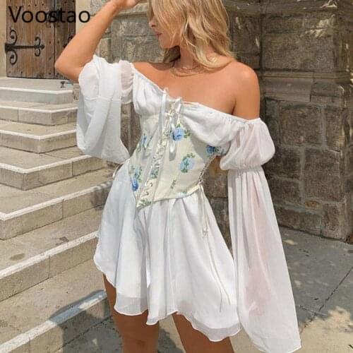 Summer Sexy Slash Neck Boho Party Dress Women Elegant Waist Lace-Up Hollow Out Mini Dress Female Off Shoulder Beach Sundress