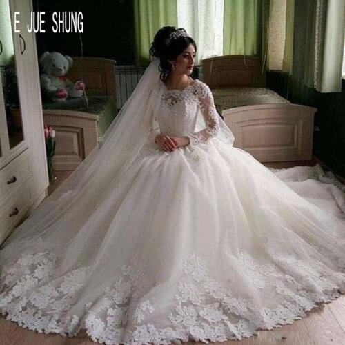 E JUE SHUNG Ball Gown Wedding Dresses with Long Sleeves Jewel Neck Beads Lace Appliques Muslim Bridal Gowns Vestido De Novia
