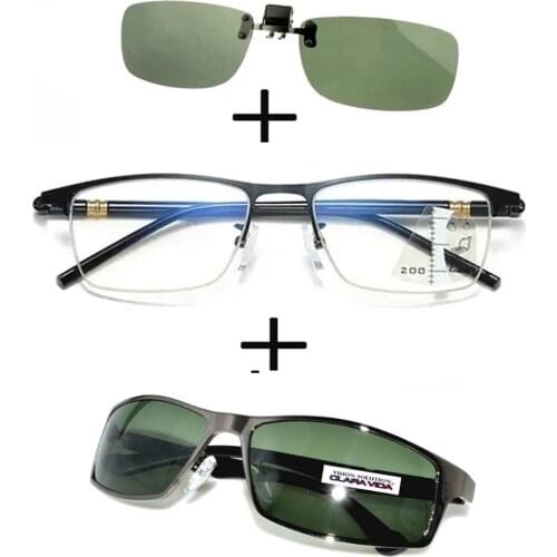 3Pcs!!! Progressive Far and Near Business Reading Glasses for Men Women + Polarized Sunglasses Sports Metal+ Sunglasses Clip