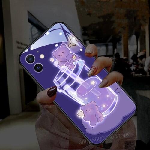 3D Purple Bear Bubble Boba Tea Case For iPhone 12 Mini 11 Pro XS Max XR 7 8 Plus Call LED Glow Soft TPU Back Cover