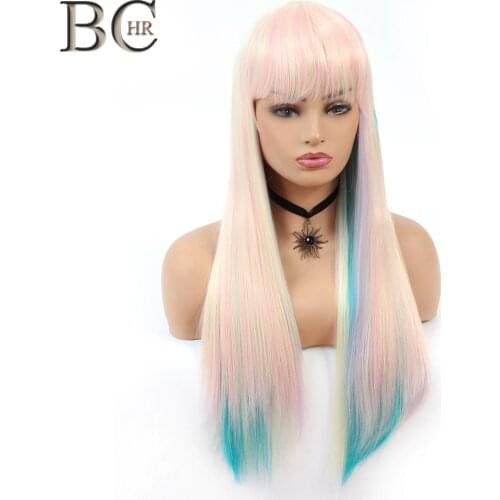 BCHR Long Straight Synthetic Fringe Rainbow Wig Highlights Blonde Cosplay wig for Fairy princess