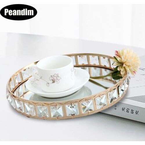 PEANDIM Gold Crystal Tray Mirror Cake Stand Wedding Party Cupcake Dessert Display Plate Home Cosmetic Storage Tray Holder