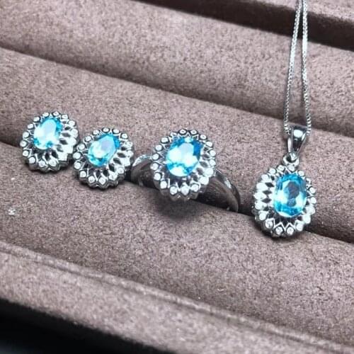 S925 sterling silver inlaid Blue Topaz Pendant Necklace Ring Earring Set luxury jewelry