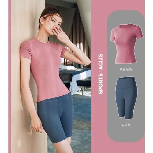 2 Pc Yoga Set Sport Suit Women Workout Clothes Athletic Gym Set Short Sleeve Crop Tshirt Top Yoga Shorts Fitness Sportswear