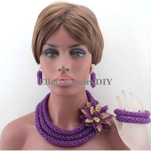 Purple Beauty African beads Jewelry Set Bride Crystal nigerian wedding beads jewelry Necklace Set Flower Brooch W13452