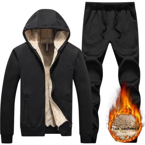 Winter Plus Velvet Thick Two-piece Jacket + Pants Sports Casual Thermal Insulation Mens 5XL Pocket with Zipper Big Lamb Fluffy