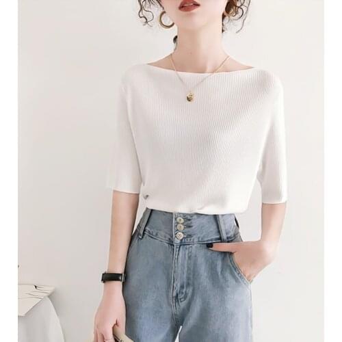 2021 Summer Women Short Sleeve T-shirts Slash Neck Knitted Loose Ice-silk Solid Korean Style Large Tops Casual Slender Chic Top