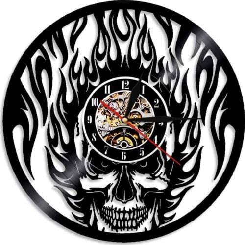 Super Cool Flaming Skull Wall Clock Skull Head On Fire Wall Art Decorative Vinyl Wall Watch Modern Design Halloween Decor