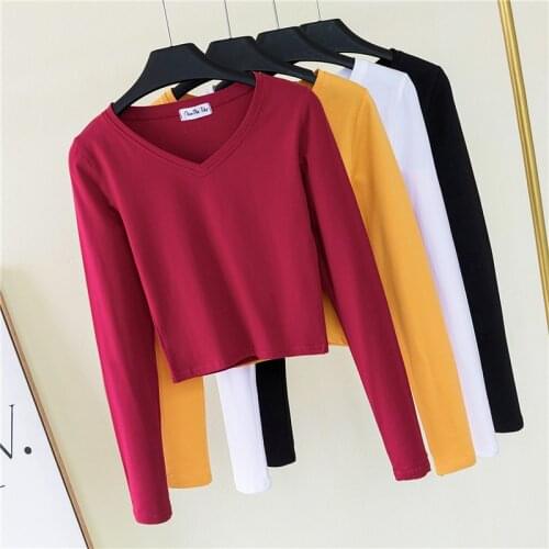 Slim Fit Cotton T Shirt High Wasit Sexy Women Crop Top Long Sleeve Tees Spring Autumn Base Shirt Black White 2020 Lady Fashion
