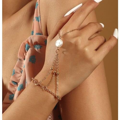 Simple Trendy Female Gold Color Metal Beaded Chain White Pearl Pendants Multilayer Finger Chain Bracelets Party Jewelry Gift