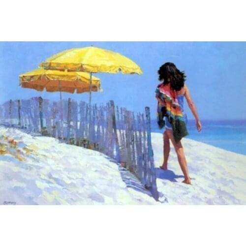 Handpainted Figure Oil Painting on Canvas Girl on the Beach Seascape Painting Wall Decor Impressional Art No Framed