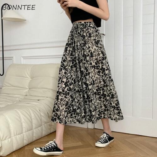 Skirts Women Elastic Mid-calf Floral Simple Korean Vintage XXXL Dropped Mujer Ins De Moda All-match Streetwear Clothing Pleated