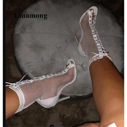 Women Charming Peep Toe Mesh Stiletto Heel Short Gladiator Boots Cut-out White Black Lace-up High Heel Ankle Booties Dress Heels