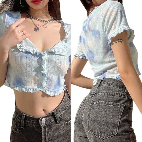 Women’s Casual Short Sleeve Flounce Cardigan Fashion Tie-dye Round Neck Exposed Navel T-shirt