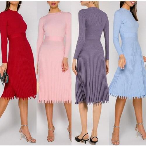Vintage dresses for women 2021 Long Sleeve O Neck Waist Tight Knitted Pleated Sweater Dress dress women elegant robe femme