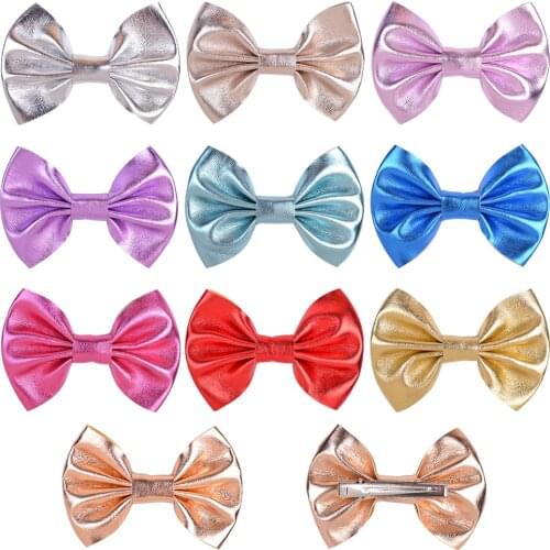 10 Colors 3.7Inches PU Gold Metallic Hair Clip For Girls Hair Bows Cute Children Hairpin Handmade Headwear Kids Hair Accessories