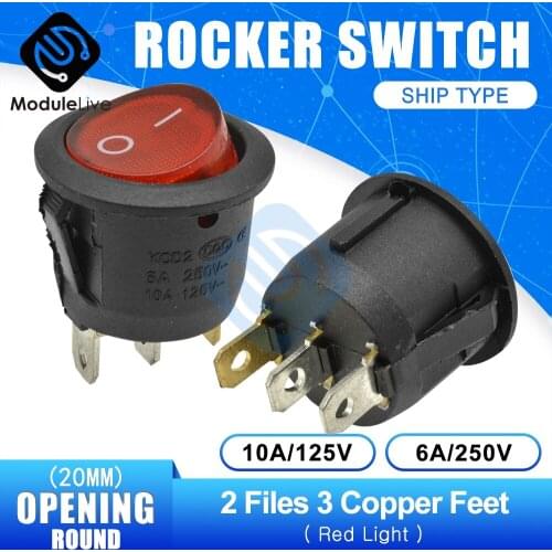 10pcs 2 Files 3 Copper Feet 3PIN 20mm On/Off Round Boat Rocker Switch with Light DC AC 6A/250V Waterproof Cap Car Dash Dashboard