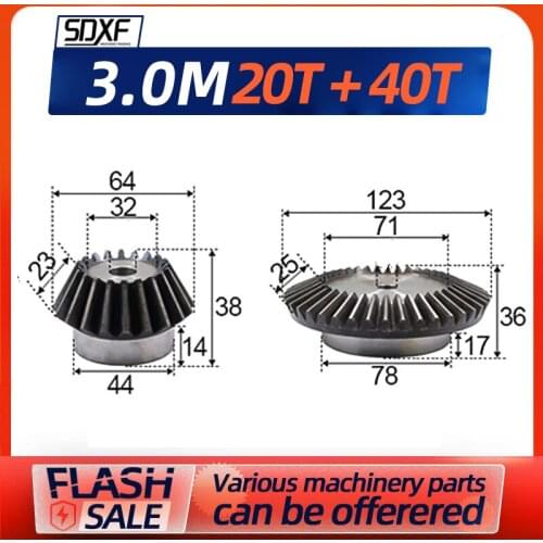 2 pieces of precision bevel gear transmission ratio, 3M 20T+40T, craft holes need to be machined and fixed by themselves