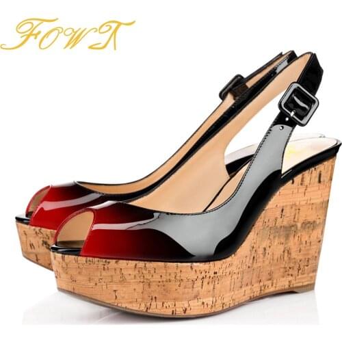 Black High Wedges Platform Slingback Pumps Open Back Classic Women Summer Peep Toe Ladies Shoes Party Large Size 12 13 FOWT