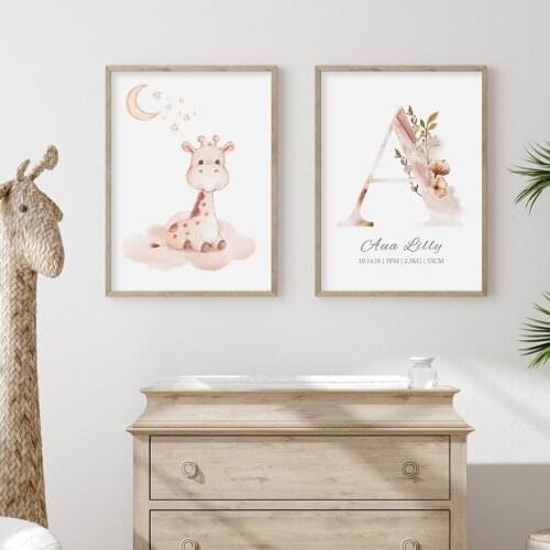 Baby Girl Nursey Newborn Birth Stats Pink Personalized Initial Name Canvas Painting Poster Print Wall Art Picture Home Decor