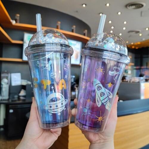 Double Layer Straw Cup Creative Space Wandering Theme Heat Insulated Plastic Water Bottle Cup for Household Office Gift Cups