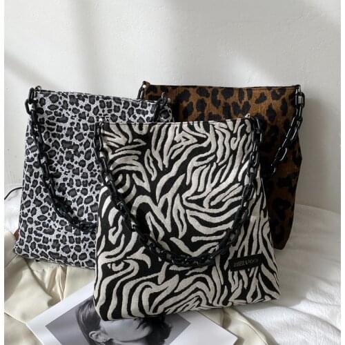 Femme Leopard Canvas Chain Shoulder Bag Women Fashion Totes Portable Large Capacity Shopping Bag