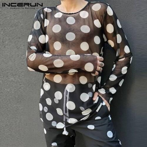 INCERUN 2021 Men T Shirt Polka Dot Print Mesh See Through Streetwear O Neck Long Sleeve Tee Tops Sexy Party Casual Camisetas 5XL