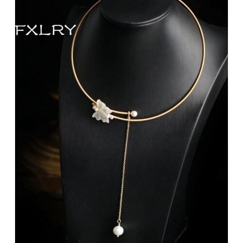 FXLRY Original handmade natural pearl Fritillary butterfly flower chokers Sweater chain necklace for women Bridal wedding jewel