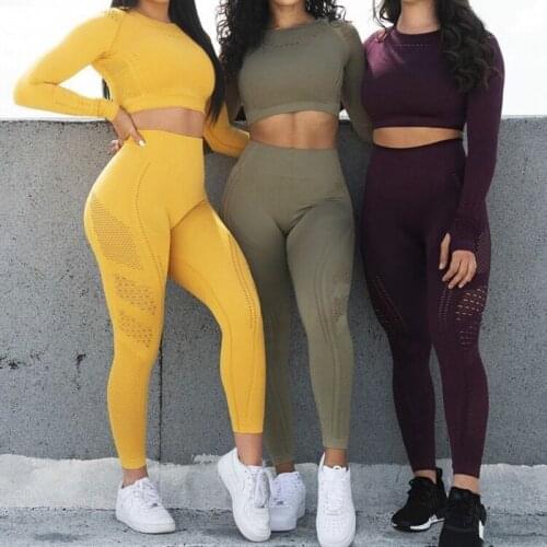 2Pcs Set Women Seamless Yoga Set Top+Leggings Sportswear Hollow Breathable Sport Clothes High Waist Yoga Pants Top Fitness Wear