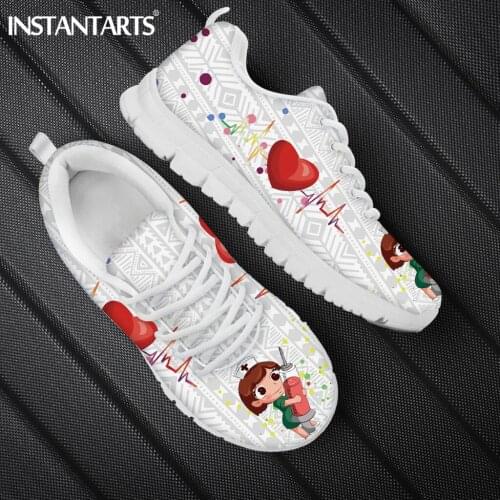 INSTANTARTS Black and White Womens Shoes Polynesian Tribe Backgound Heart Rate Nurse Girls Pateern Women Nursing Sneakers Light