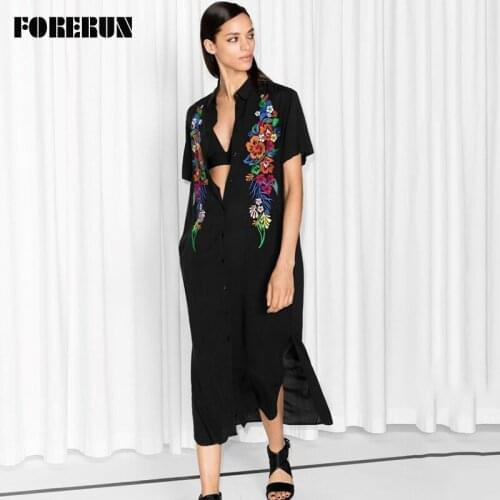FORERUN Swimsuit Cover Up Vintage Embroidered Beach Dress Women Long Turn Down Collar Folk Tunic Casual Beachwear Robe De Plage
