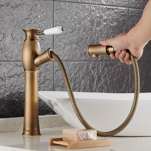 Brass hot and cold antique bronze finish bathroom pull out basin faucet bathroom faucet sink tap with pull out shower head style