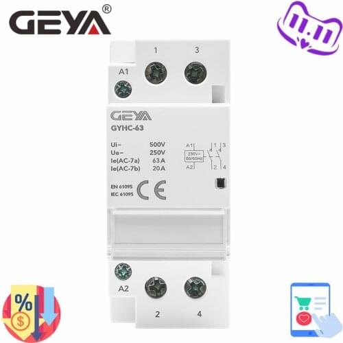 GEYA Modular Contactor 2P 40A 63A 2NO or 2NC DIN Rail Mounting AC220V 230V Automatic